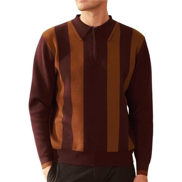 Men's Striped Pullover Sweater Quarter Zip Knitted Contrast Polo Pullover